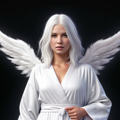 beautiful white-haired angel in white robes with white feathery wings