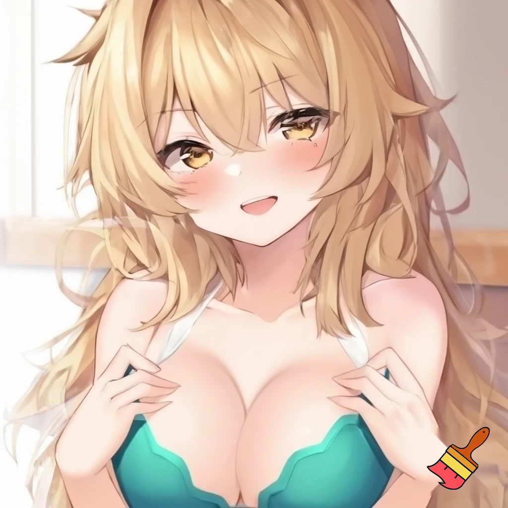 Anime girl with small breasts in a Bra and a Seductive Smile, cute with teal underwear clothes and blonde hair and hazel eyes