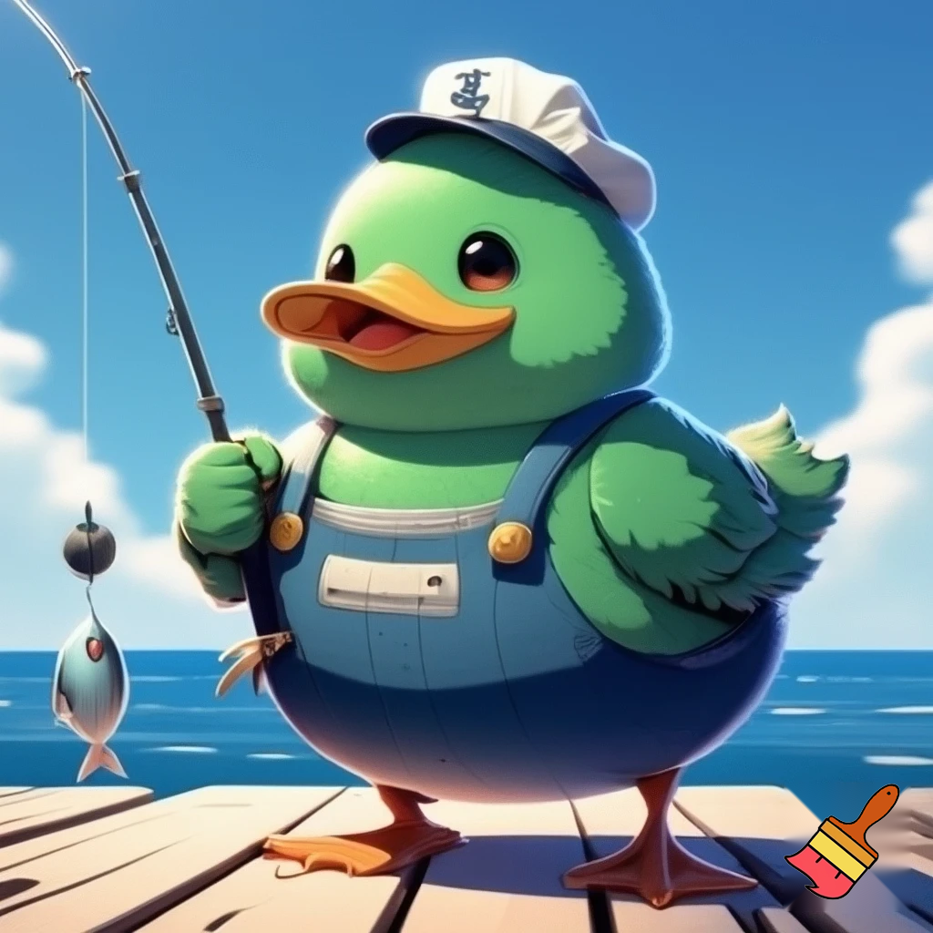 pato, feliz, desenho estilo anime, cor verde, roupa de pescador