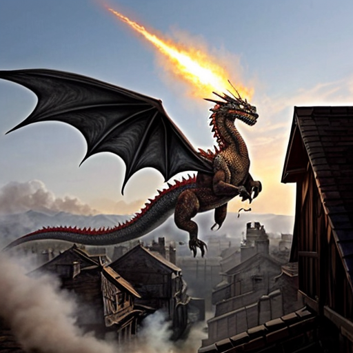 Draw me a mythological dragon flying through the sky above a village, breathing fire on the houses
