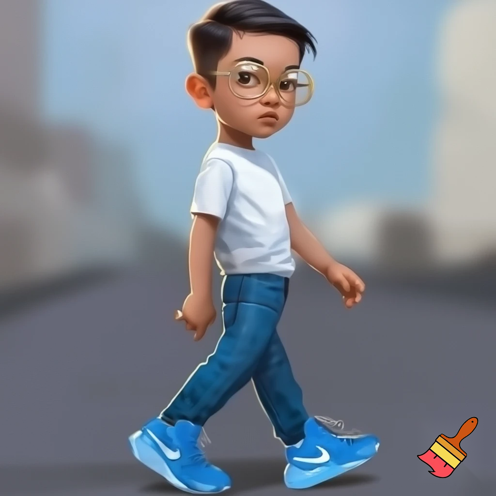 a boy standig he has a white skin coulor and black short hair he has bleu geans and a white bloes and bleu airmax shoes and he is whereing gold glasses and he is 12 years old and his hair is fully black and he is a bit taller and his skin is super light brown


