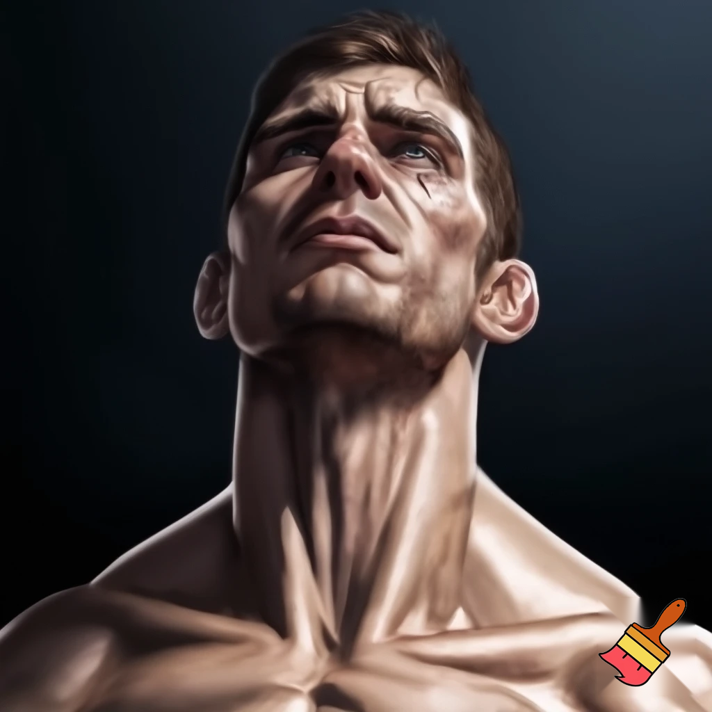 A mixed martial artist who has gone down two weight classes for a fight. His cheeks are sunken and his ribs are visible and his muscles stand out alarmingly. Nonetheless, he stands tall and steady. His eyes are watery blue, his hair is brown and his ears stick out. 