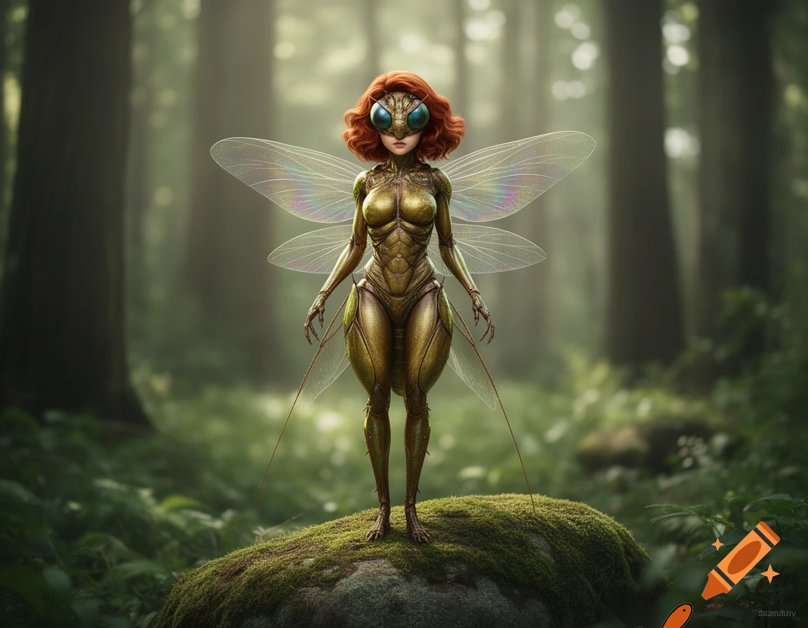 April O’Neil as an insect-woman with auburn wavy short hair