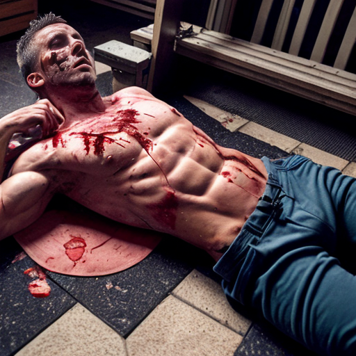 shirtless random man (neighbor, not everyone has abs or 6 pack.), face are hiding by shirt, died already, chest are open wounded circle in random man, blood everywhere, eye closed, floor on corpse body, not pant less.