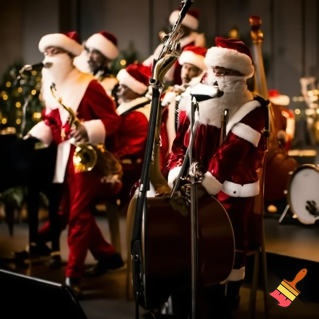 “Professional studio photo of a jazz band performing on stage, all musicians dressed in full Santa Claus costumes (red suits, white beards, hats). Warm cinematic lighting, Christmas decorations in the background, vintage microphones and instruments (saxophone, double bass, piano, drums). Atmosphere elegant, festive, stylish. Ultra-realistic, high-resolution, 16:9 composition.”