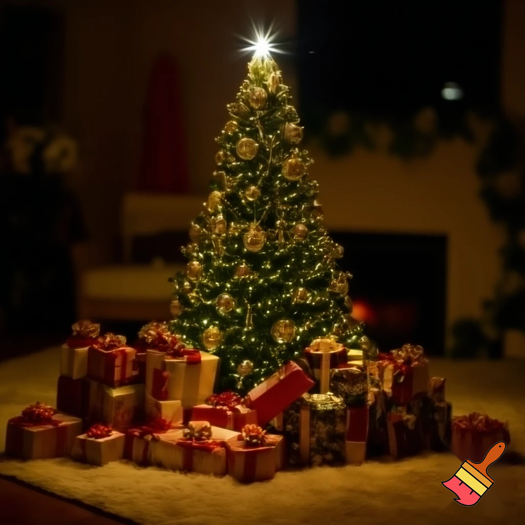 Christmas tree with  a star and present all around