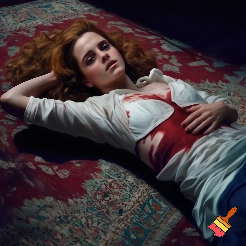 beauty Emma Watson as Hermione lay sprawled across the carpet, her petite body taut with the force of the bullet that had ripped through her tender left breast. Blood seeped from the neat entrance wound, staining her elegant white blouse a deep crimson. The fabric of her bra, a delicate lacy number, was visible as the shirt rode up to expose more of her pale skin.
Her legs were splayed, ankles crossed, in an unnatural pose that accentuated her curves. The way she'd fallen, face down, her long auburn hair fanned out like a halo over the floor. It was a strangely beautiful tableau, marred only by the dark stain growing larger between her shoulder blades, an omen of the brutal violence that had claimed her life.
Her face was turned to the side, the perfect porcelain complexion now marred by a look of shocked terror. Her eyes, those piercing hazel orbs that always seemed to hold a thousand thoughts and emotions, were wide open and staring, unseeing. The bridge of her elegant nose was a gruesome testament to the assassin's aim, a small neat hole, perfectly centered, a fatal kiss of steel and lead.
The eyes rolled slightly, the gaze slanting toward the bridge of the nose, as if Hermione's brain was trying to comprehend the unfathomable pain, the sudden cruel invasion of her body, the very seat of her being. The glassy stare was a mix of horror and defiance, a final and futile attempt to resist the inevitable, to will herself back to life, to transcend the cold embrace of death.
Her lips, usually pursed in concentration or curled in a wry smile, were parted in a silent scream, the pale column of her throat exposed, the delicate tendons and pulsing veins a stark reminder of life's fragility.
Every contour of Hermione's body was etched in death's chill, each detail amplified by the stark lighting and the cruel stillness of her pose. She looked impossibly lovely, even in the face of such terror and tragedy, a fleeting snapshot of a life brutally extinguished before its time. The escalating crimson stain on her white blouse was a grim reminder of the sacrifice she made, her elegant form now a macabre canvas for the evil that had unfolded.