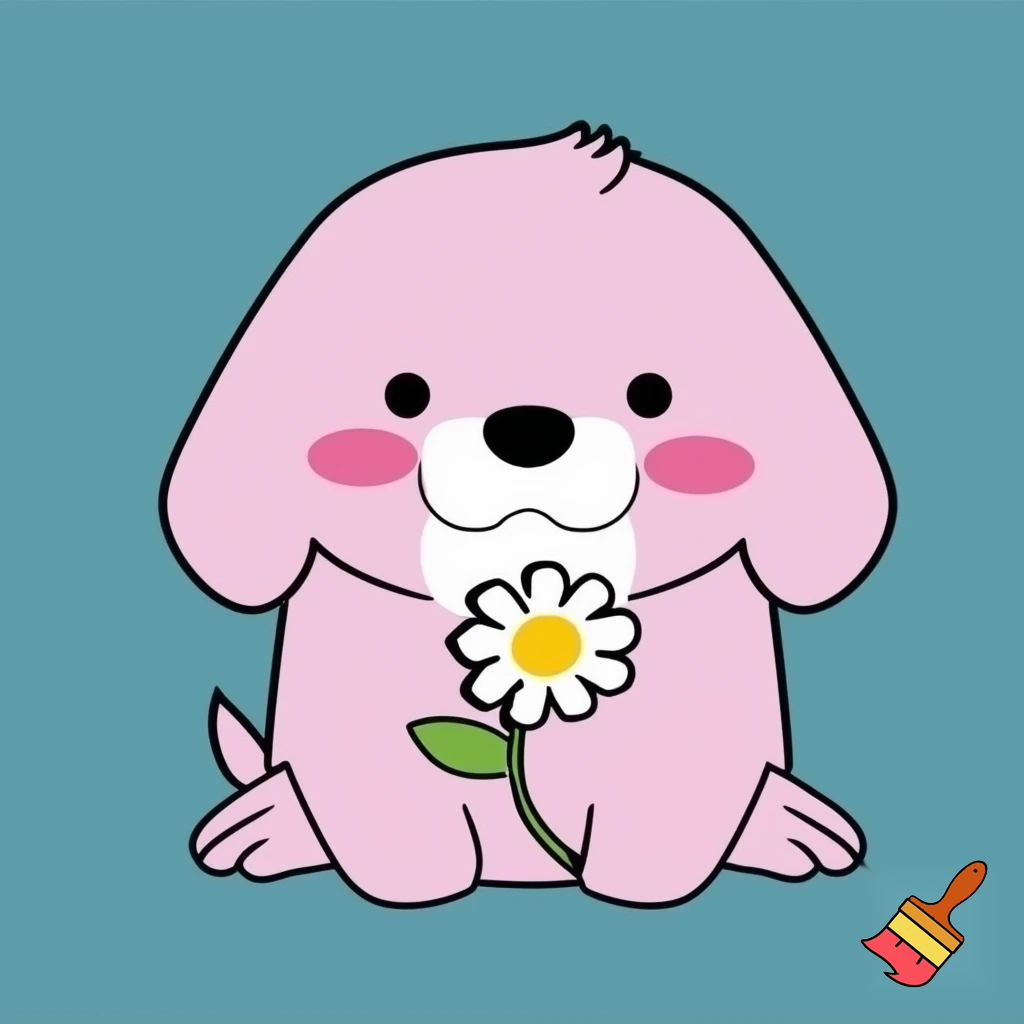 A minimalistic simple cute pink kawaii puppy holding a daisy flower, Japanese drawing style.
