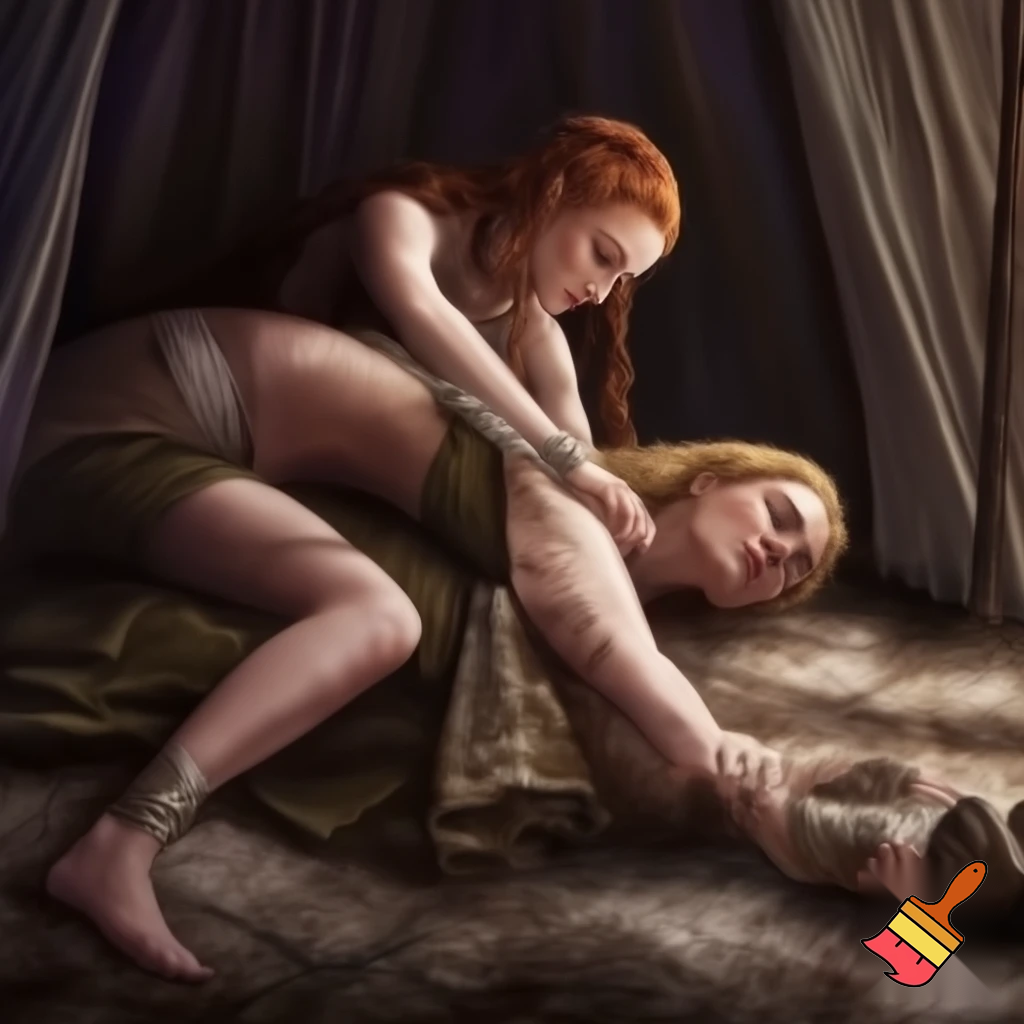 Sansa Stark and Cersei Lannister are fighting in a tent. Cersei Lannister is lying on top of Sansa , pinning her to the ground. Both are naked and wearing hands bandages