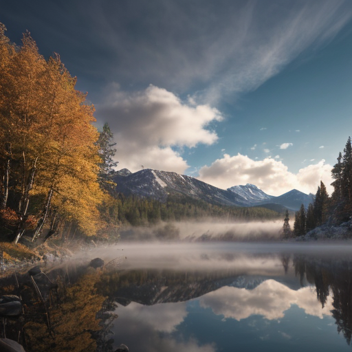 A breathtaking 4K ultra-high-definition landscape wallpaper, photorealistic, shot with a 50mm lens at golden hour. A serene mountain lake reflecting snow-capped peaks and vibrant autumn forests, mist rising gently from the water, soft sunlight breaking through clouds, rich textures in rocks and foliage, cinematic lighting, extremely detailed, sharp focus, no watermark, 16:9 aspect ratio.