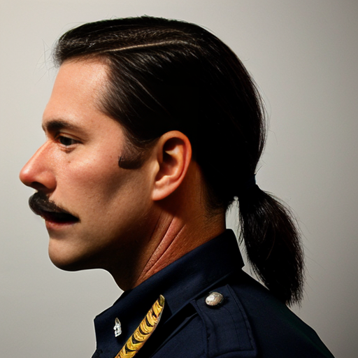 40 year old cop with long black hair tied down, a big black mustache with a gray streak in it, green eyes, and a mole on his cheek.