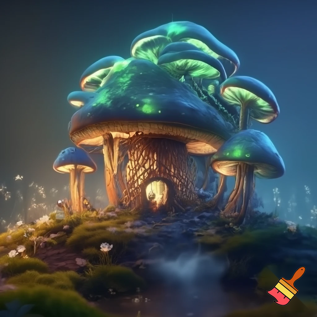 A picture of a house made out of mushrooms 
