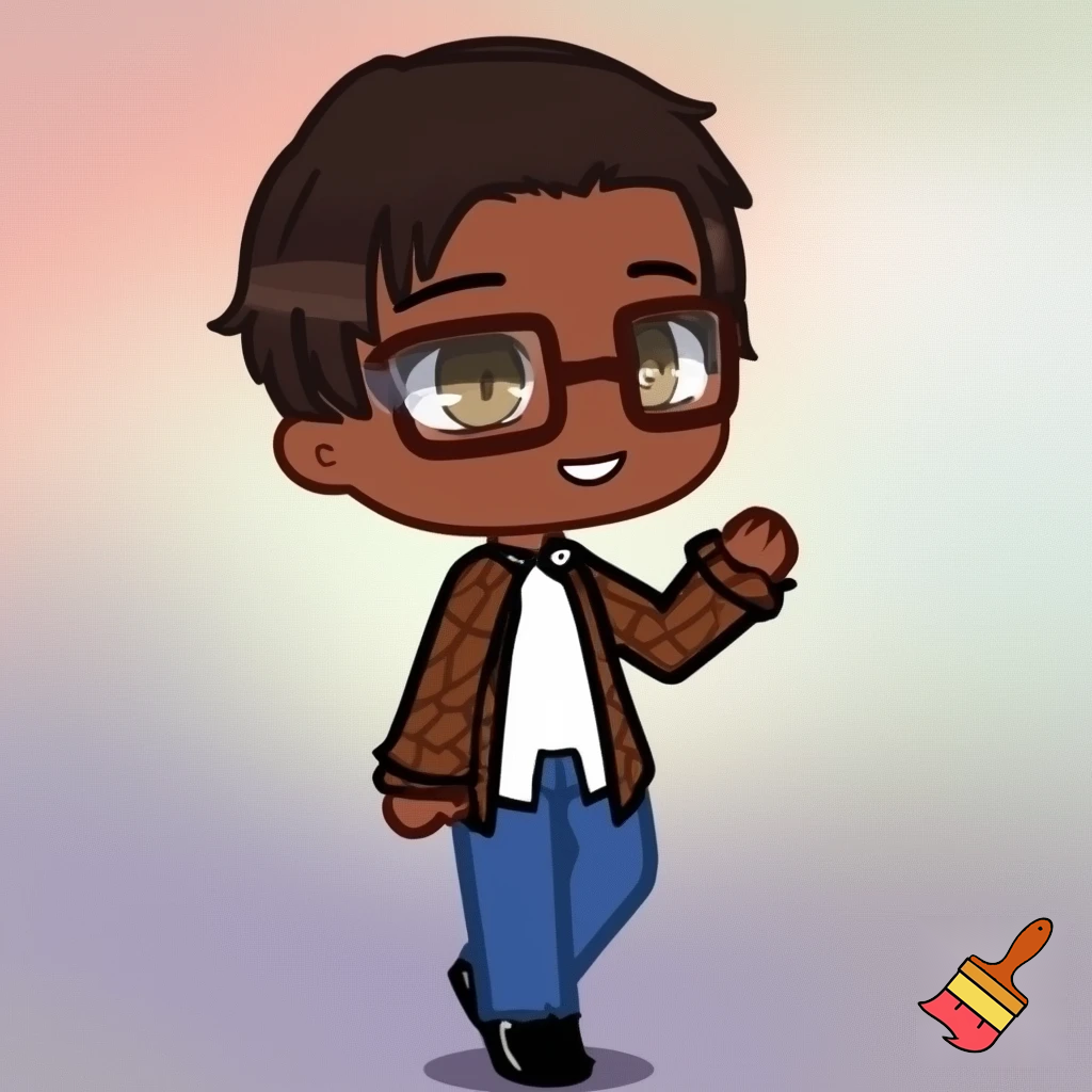 A Gacha brown skinned boy with dark brown hair, brown glasses and a brown pattern jacket with a white shirt, blue pants and black shoes. Waving at the camera 