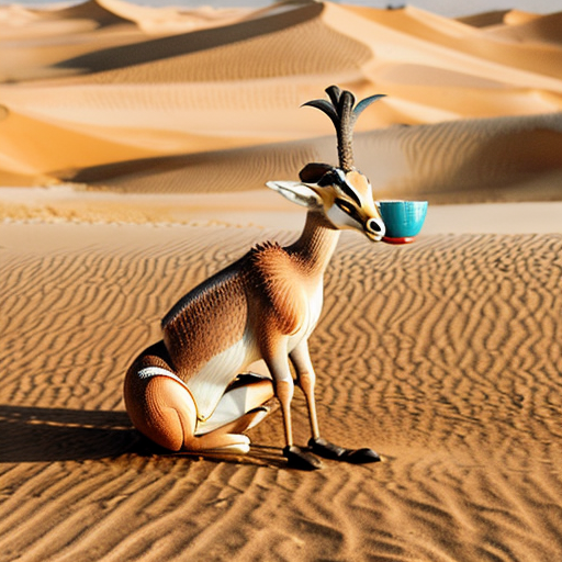 "A graceful gazelle in the golden UAE desert, wearing traditional Emirati clothing (talli) elegantly draped over its body, while sipping a cup of matcha tea. The warm sunlight highlights the intricate patterns of the talli and the textures of the sand dunes. Style: realistic with whimsical charm, soft warm tones, detailed desert background, blending cultural heritage with playful imagination."
