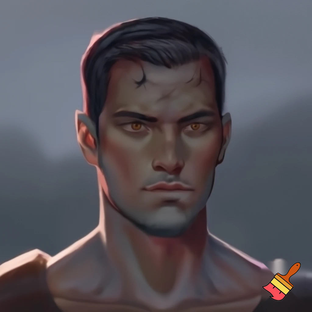 HANDSOME YOUNG MAN
 Age: 24 years old (at the beginning of the story) 

Appearance: 

Height/Build: Tall (about 190cm), athletic, powerful build bearing the marks of constant training and heavy armor. 

Hair: Dark brown, almost black, cropped short, but with an unruly strand falling over the forehead. There are the first, barely noticeable gray threads on the temples. 

Eyes: Dark brown, almost black. His gaze is heavy, piercing, accustomed to assessing the threat. In rare moments of peace, you can see fatigue and a shadow of the old warmth in them. 

Face: Sculpted, sharp features. A straight nose, a strong chin, thin lips that rarely stretch into a smile. His face is riddled with scars: the most noticeable one is on his jaw. 

Distinctive features: The habit of clenching his jaw in moments of tension; a scar on his jaw; a steely bearing that betrays a military man even without armor.