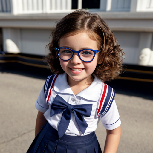 Cute adorable niña Chilindrina glasses con hair lazo curly Blonde con sailor uniforme escolar con zapatos negros escolar con calcetines blancos con Estados Unidos América bandera con desfile con ciudad 1