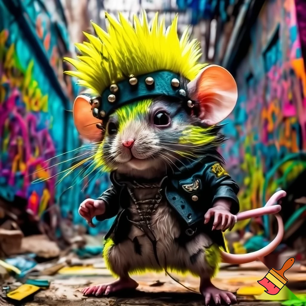   Un ratón punk llamado QuesoTrueno, con pelaje de color amarillo neón, cresta punk vibrante y actitud rebelde. Lleva un gran sombrero de chef ligeramente inclinado, decorado con tachuelas metálicas. El ratón posa en un entorno urbano con grafitis coloridos, vistiendo una pequeña chaqueta de cuero negra y accesorios punk. Estilo ilustración detallada, colores vivos, iluminación dramática y estética cómica.”
