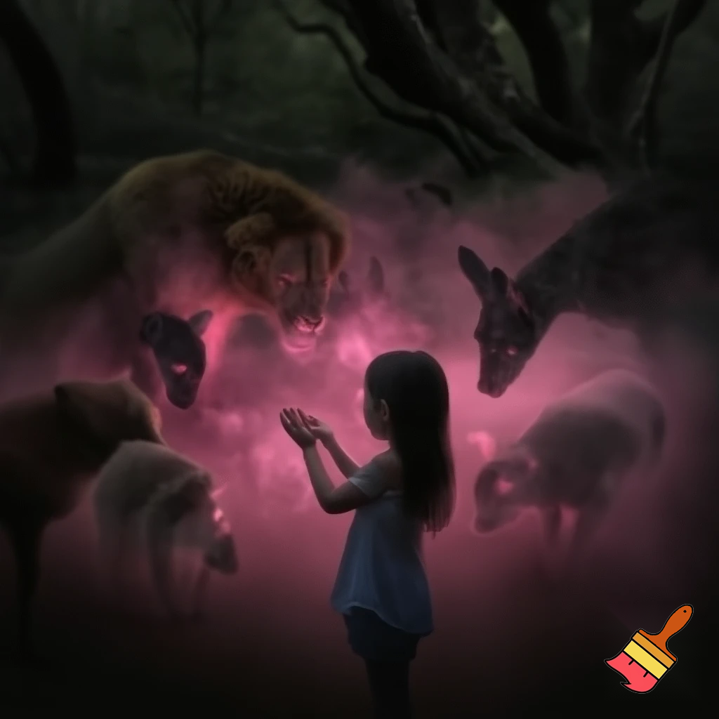 girl with her hands held out in front of her, pink smoke spilling from her hands, surrounded by bowing animals, all with pink glowing eyes