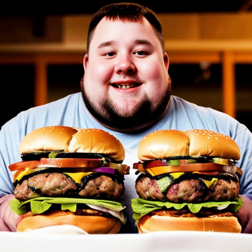 fat guy eating loads of burgers