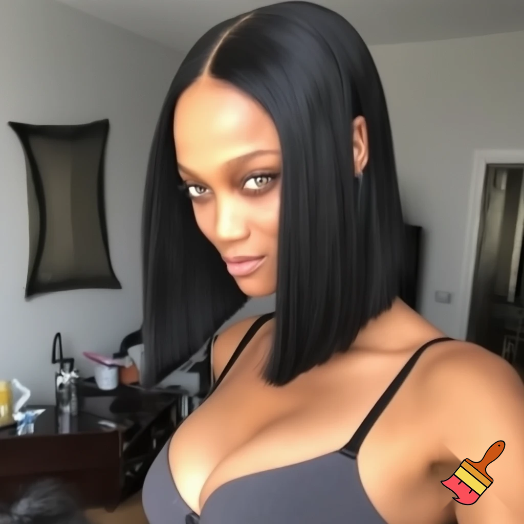 Tyra Banks with a black sleek middle part bob hair wearing a grey camisole and black bra working out at home 