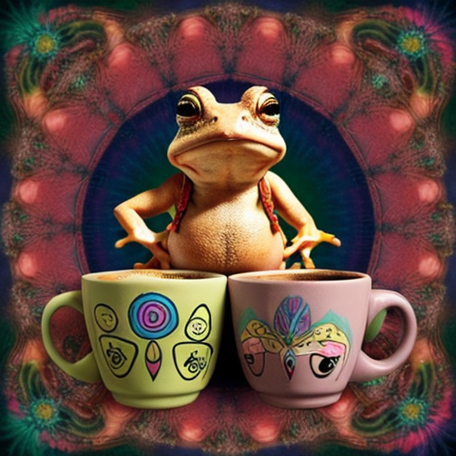 A hillarious, funny boho toad with some hippie colored coffee cups. Psychedelic decorated background.