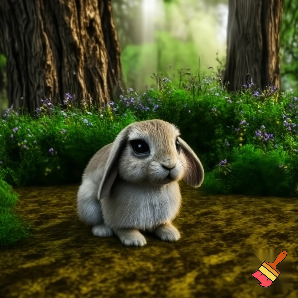 "Cartoon style illustration of a small, sad rabbit sitting alone on the forest floor with teary eyes, looking lonely and scared. A vibrant, colorful forest background with trees, sunlight filtering through leaves, flowers, and bushes. Make it emotional and storybook-like, rabbit is the same character as in following scenes, no fox yet."