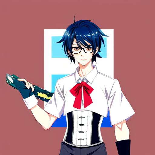 make a rough sketch of a feminine man (in a digital manga art style), who has a tall and slender body type, white, long wavy hair, a corset over a short sleeve button up; make it formal yet pretty, he has one red eye which has a scar, and he's holding a chainsaw. he also has thin oval-shaped glasses low on his nose, and a red ribbon tied around his neck. He's also wearing fingerless gloves.