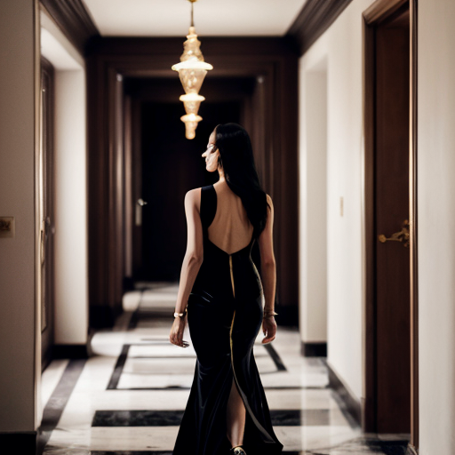 cinematic luxury advertisement, dark elegant hallway interior, marble floor reflecting faint light, sophisticated woman in black evening dress walking forward, long dark hair, confident posture, focus on her right hand wearing a delicate diamond ring glowing softly, the ring is the only light source illuminating part of the hallway, dramatic shadows, high-end jewelry commercial style, photorealistic, shallow depth of field, 85mm lens, luxury fashion cinematography, moody black and gold color palette