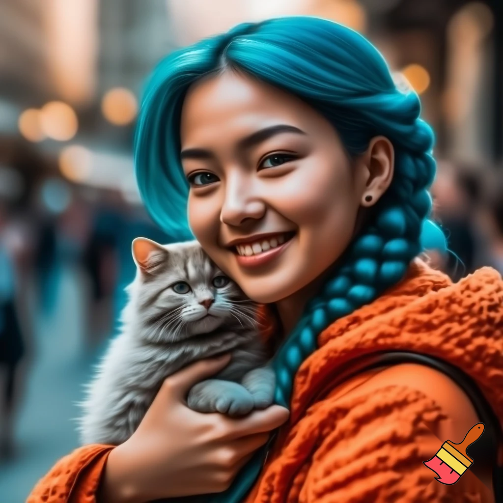 a girl with blue hair braid and a orenge jacket holding a cat and a smle all the people like her she was so famous