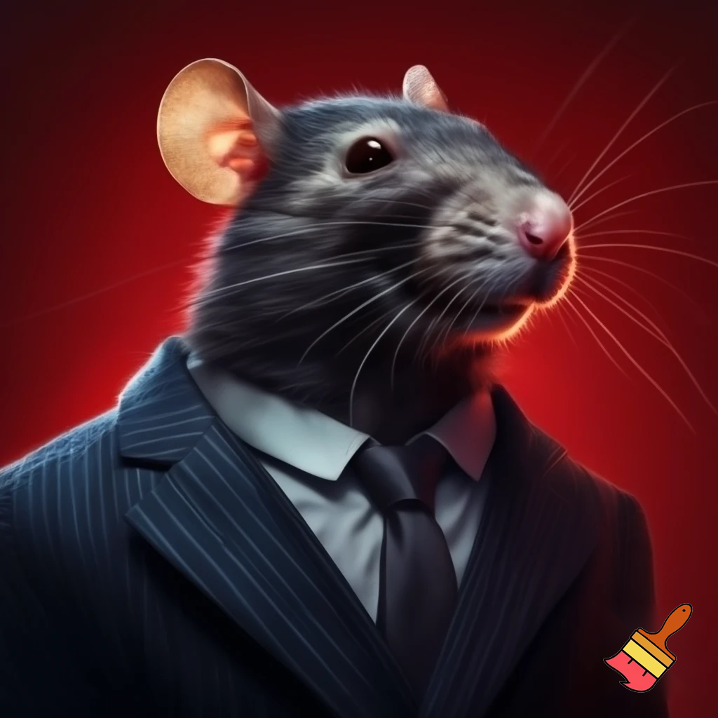 fierce smirking rat, neat business suit, mugshot red eyes, sinister 