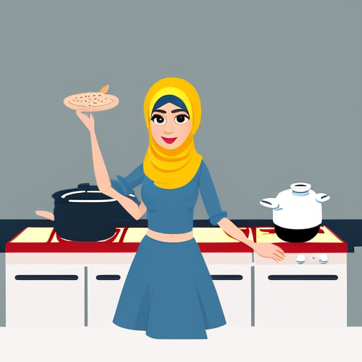 Pixar-style 3D cartoon character, standing at the stove, cooking gesture, exaggerated cartoon features, big expressive eyes, Muslim woman 35-40 years old, fully covered in wide light blue dress, loose modest clothing, headscarf covering all hair, no sexualized features, gray background, simple cartoon style