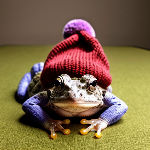 A laughable, puzzled animal toad in woolen, multicoloured winter clothings with woolen winter cap. Hyperrealistic style.