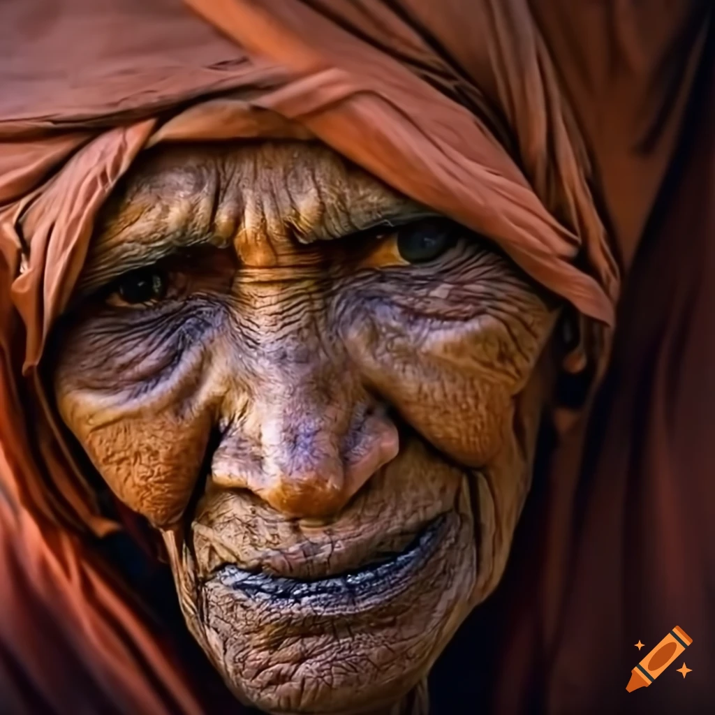 Portrait photograph of a poor old woman in the Sahara, NIKON 30mm lens, Super detailed