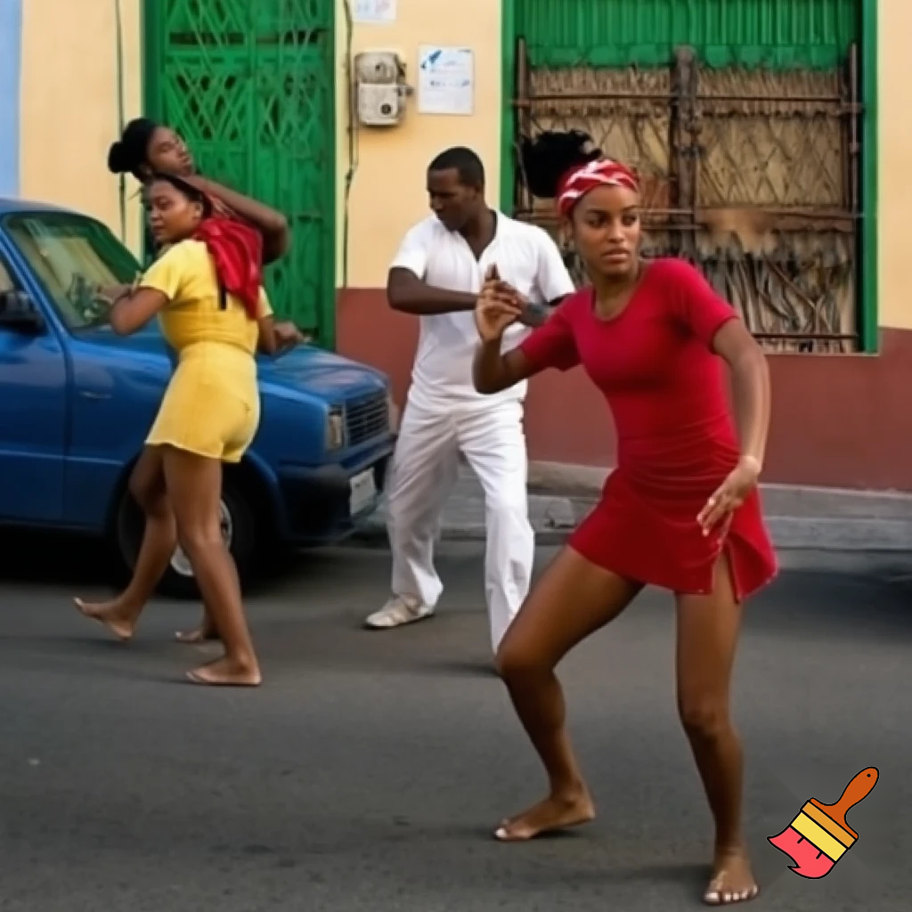 Crea tre coppie distanziate una coppia indietro di ballerini Cubani tre uomini e tre donne che ballano in coppia per strada. Le donne indossano minigonne e magliette in tinta unita. Gli uomini devono essere senza cappello. Sulla sinistra un'auto di colore celeste. Nessun passante presente.
