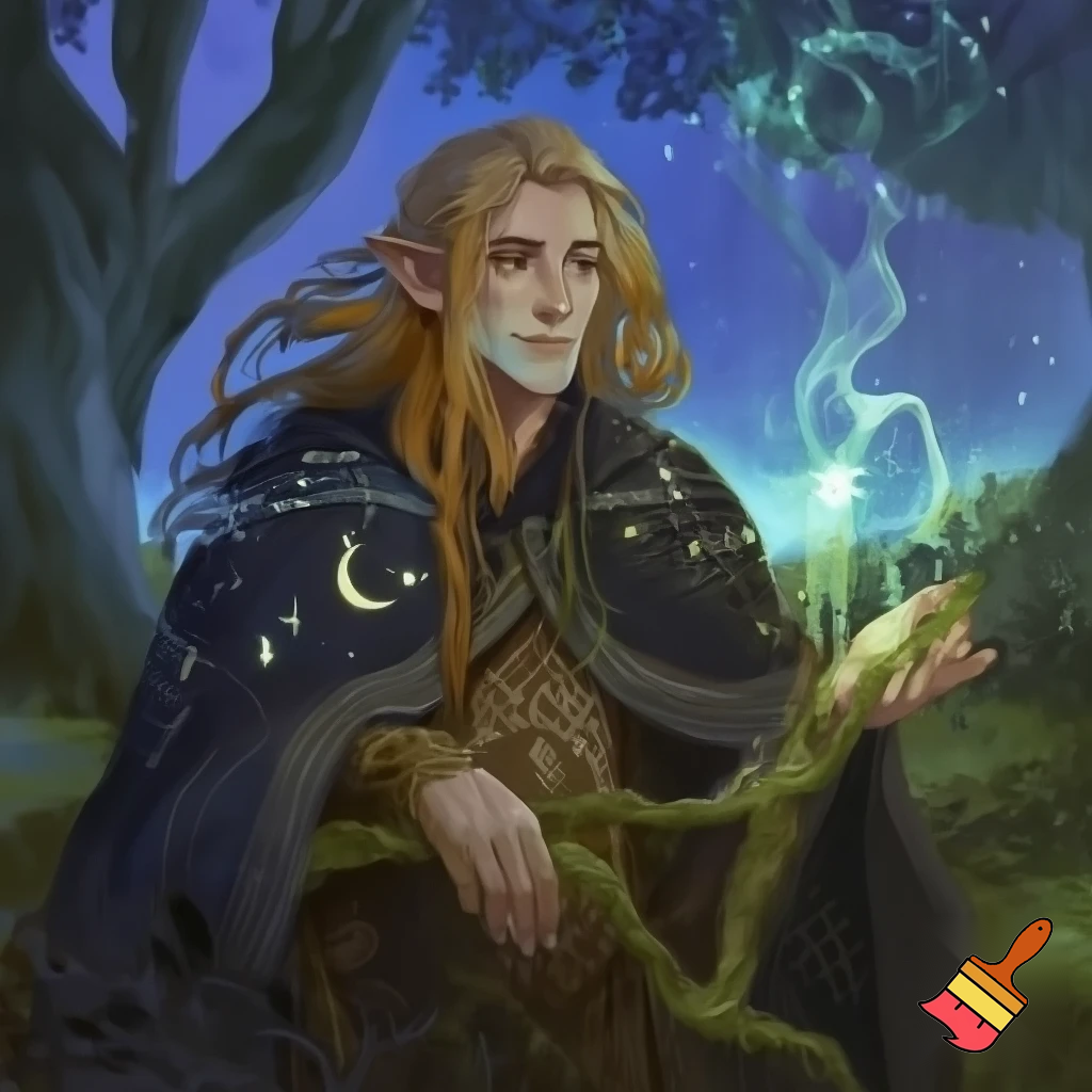  male wood elf circle of the stars druid pale skin blond hair hazel eyes
