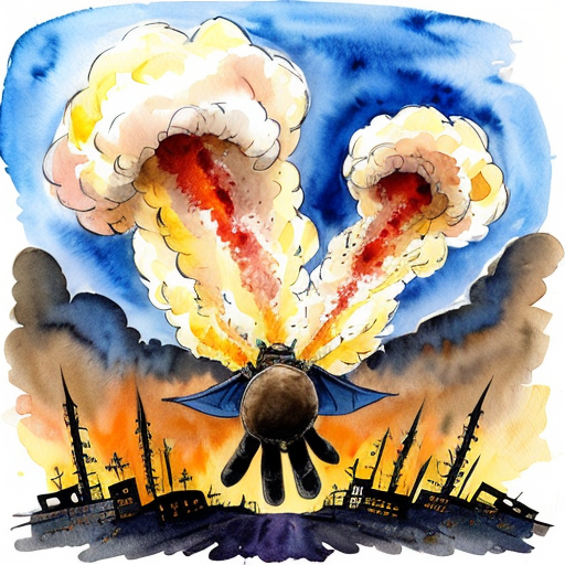 a superhero flying while  carrying a dog from a bomb explotion. show a destroyed city in the baground  horrizon up in flames and make the whole pictur have colour

