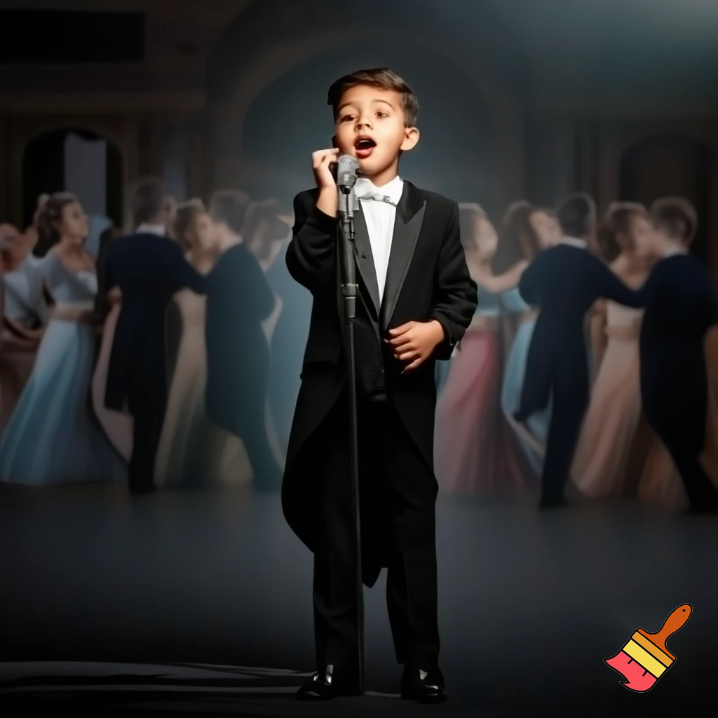 Preteen Boy in Top Hat White Bowtie Black Tailcoat Black Shoes Singing in Microphone on a big Stage. Behind him Ballroom Dance Kid Couples Dancing, the Boys in formal stylish Tailcoats, the Girls in beautiful Ballroom Gowns