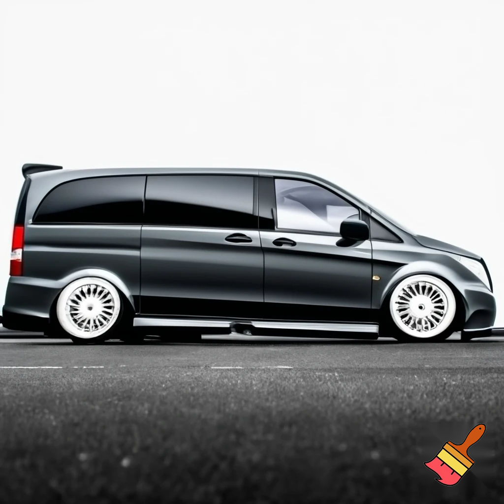 mercedes vito  w638, 19-inch rims braid - 28-inch white Selcus Wheels rims, has extra-large kit car spoiler, wide fenders, sunroof, no music, glazed.
