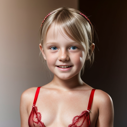Crea la imagen real de una niña rubia  de 10 años con disfraz de lenceria color rojo transparente 