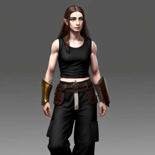digital painting of an elven androgynous person with pale white skin, long wavy brown hair dressed in all black tank top, wide pants and practical clothing meant for combat (but not armor) mercenary clothing and carrying a a large sword behind