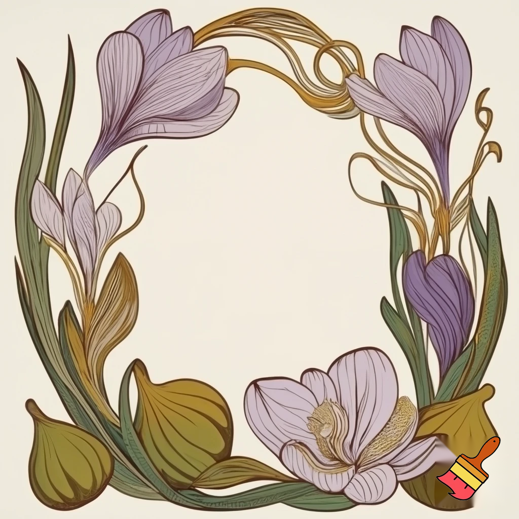  Reate a golden border frame made of  twining crocus flowers and fig fruit in the style of Vintage botanical line art with light Art Nouveau ornamentation.