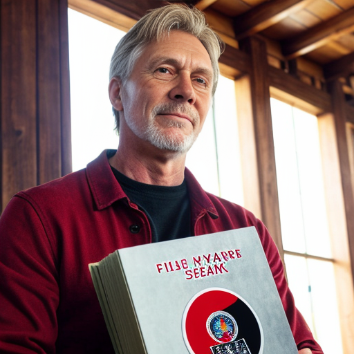 God in heaven 
holding a book with seven red seals on it and John looking up at him
