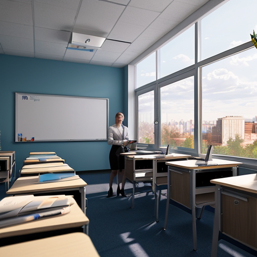 A modern educational scene inside Almaty State Business College (AGBK), Kazakhstan. A young enthusiastic teacher entering a bright classroom filled with motivated students. The classroom is clean, modern, and realistic with computers, desks, and educational posters. The atmosphere is warm, inspiring, and professional. The college building exterior is visible through large windows, showing a modern architecture style in Almaty city. Cinematic lighting, ultra realistic, 3D animation style, Pixar-like quality, high detail, soft shadows, depth of field, emotional storytelling, 4K resolution.