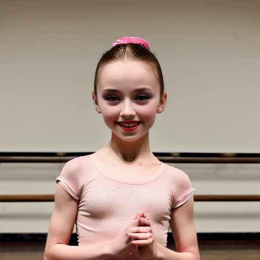 A 12 year old doing ballet (female) dark brown hair and Hazel/brownish eyes and singing too with pink clothes a beauty spot above the mouth and very light brown freckles dancing in ballet style 