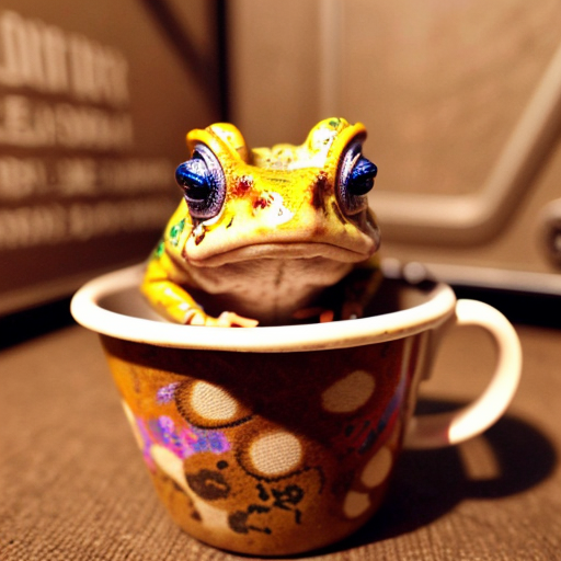 A hillarious, funny boho toad with some hippie colored coffee cups. Psychedelic decorated background, hyperrealistic.