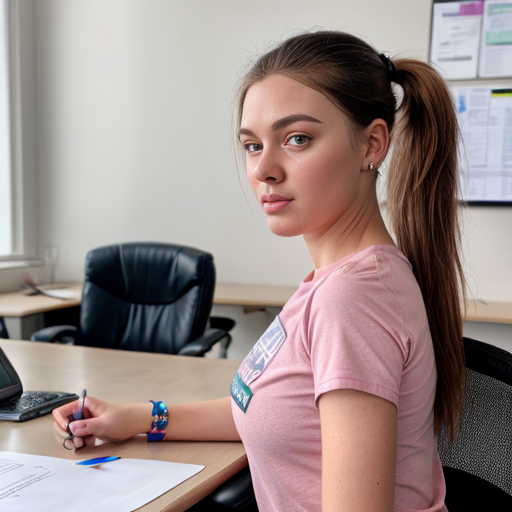 Woman with brown hair in a ponytail wearing a pink tshirt and a diaper in an office