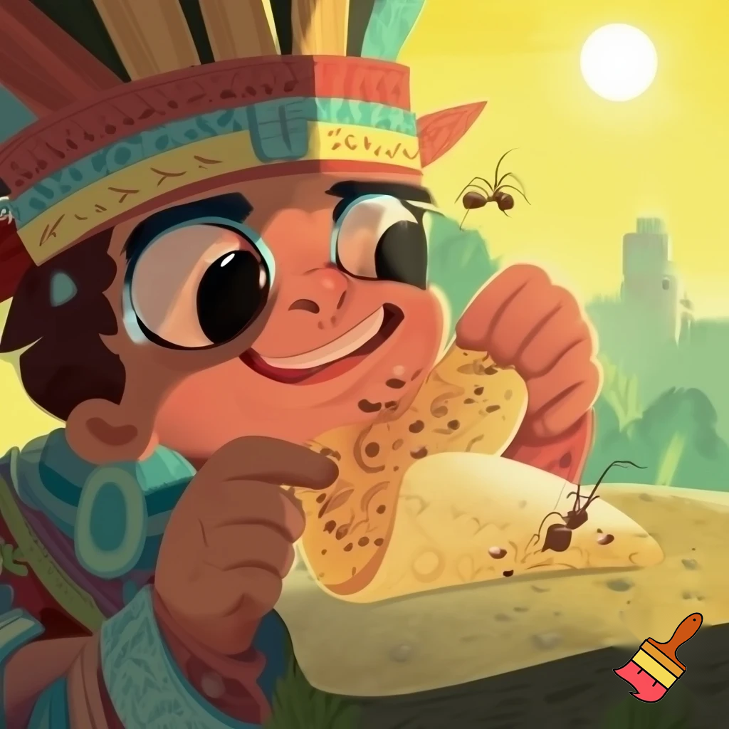 an Aztec boy playing eating ants out of an ant hill and putting them on a tortilla. and he is super happy its his favorite.
