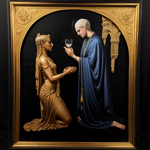 painting. Focus on goddess Desirea, her body covered only by transparent silk veils and thin silver chains. She is leaning forward, offering a glowing ornate chalice. In the foreground, a mature businessman in a sharp dark suit is kneeling, his arms outstretched in desperate supplication to receive the potion. Dramatic contrast between ancient divinity and modern man, ethereal lighting, soft glowing crescent moon, masterpiece, 8k."