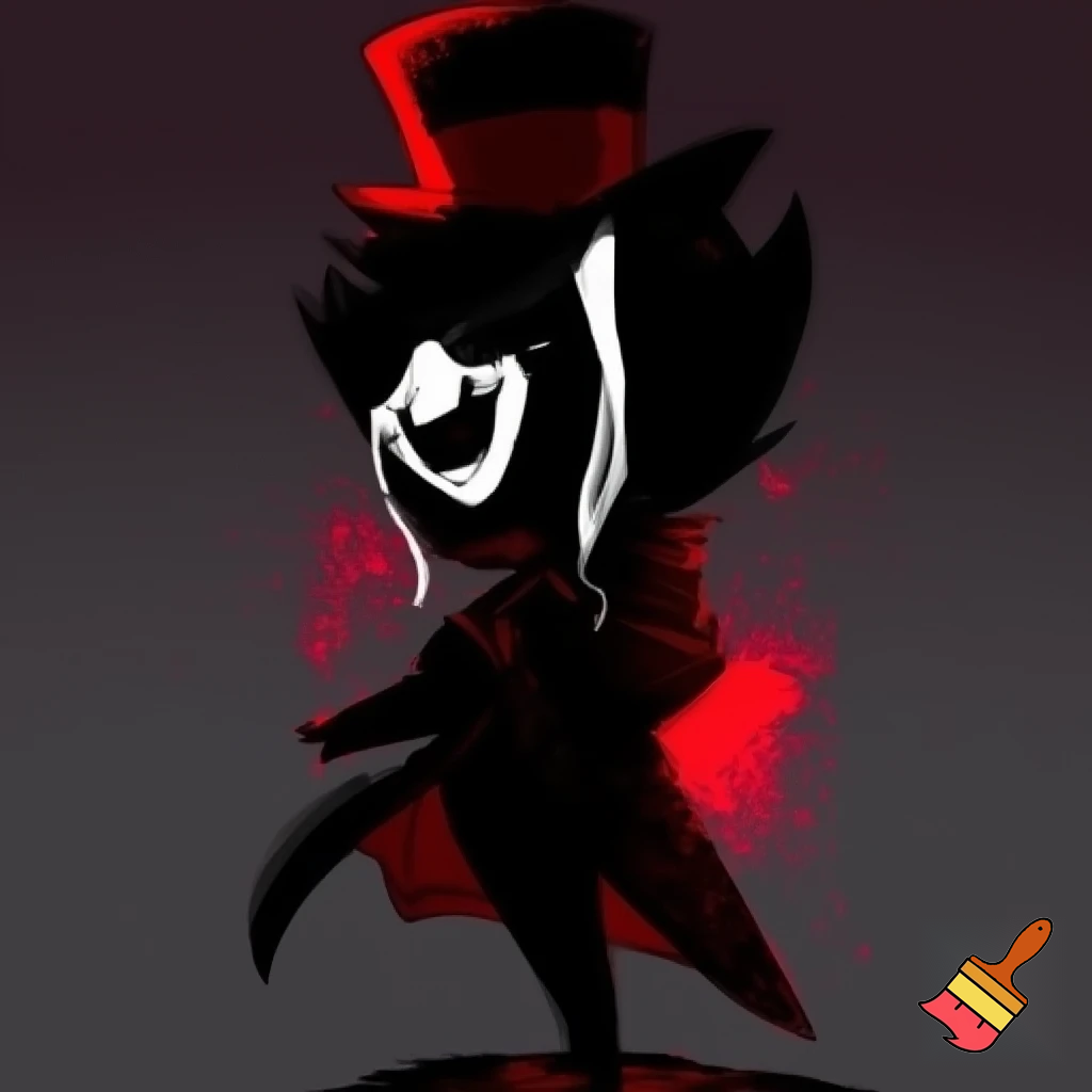 horror mascot icon of a mysterious shadow-like gentleman.
A dark humanoid figure made of living shadows, emitting subtle glowing red particles.
He wears a short black top hat and an elegant dark coat.
His face is covered by a white theatrical mask showing both a laughing and crying expression at the same time, with fully white, painted eyes and white tears dripping down.
The character has a small chibi body with a large head, elegant posture, refined and classy appearance.
Dark horror illustration style with sharp, expressive lines, deep blacks and grays, high contrast lighting, and vivid red glowing particles.
Cute but unsettling, elegant yet sinister.
Minimal background, dark vignette, centered composition.
High detail, clean silhouette, perfect for a brand mascot icon.