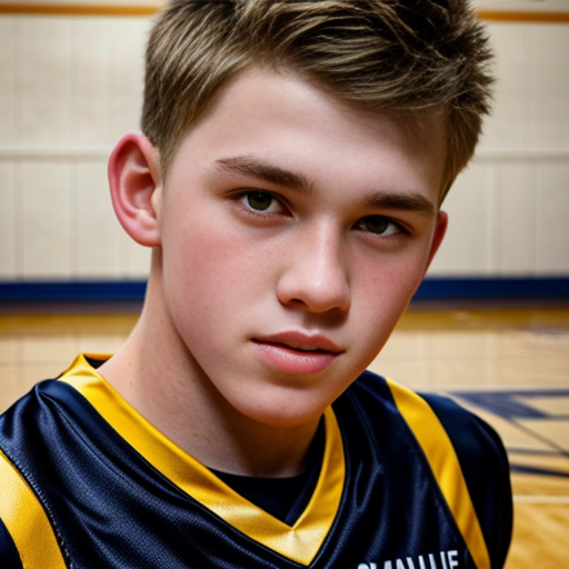Make a high school age boy in a black and gold boonville basketball jersey
